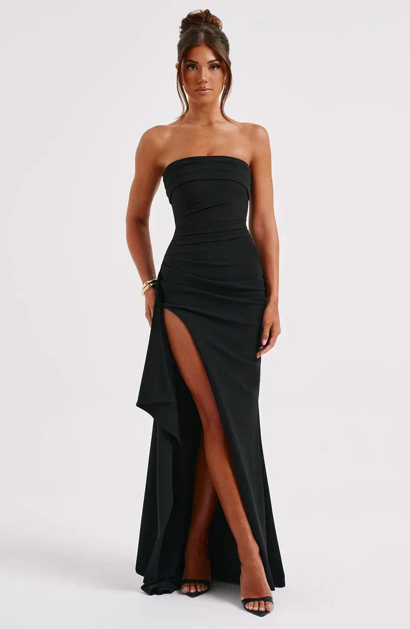 Women's Strapless Maxi Dress – Pleated Bodice Ruched High Slit Wedding Guest