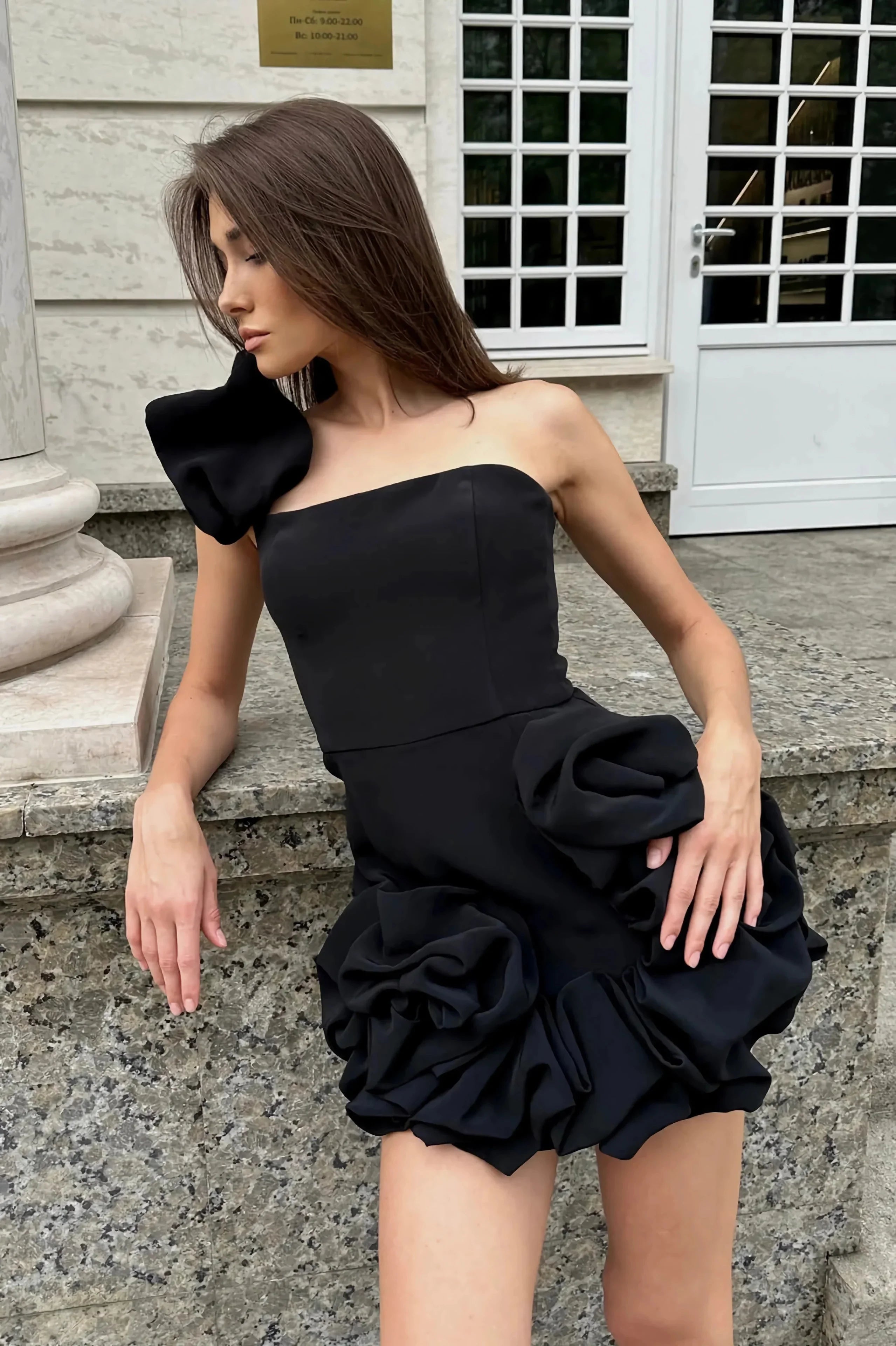 Women's Strapless Ruffle Mini Dress – Bandeau Neck Voluminous Hem Cocktail