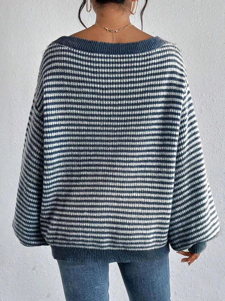 Women's Striped Off Shoulder Knit Sweater – Long Sleeve Oversized Pullover