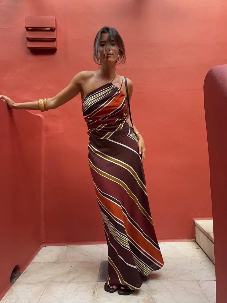 Women's Striped One Shoulder Maxi – Draped Bodice Wedding Guest Dress
