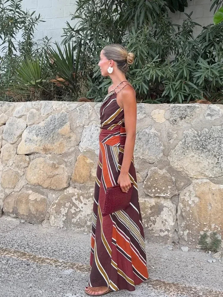 Women's Striped One Shoulder Maxi – Draped Bodice Wedding Guest Dress