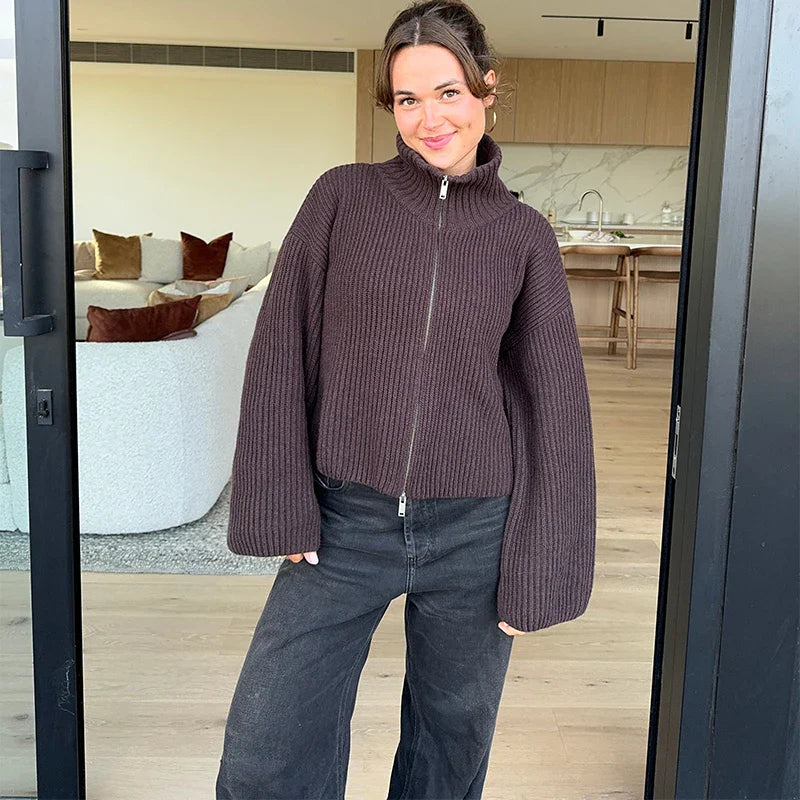 Women's Striped Ribbed Cardigan – Full Zip Turtleneck Oversized Knit Sweater