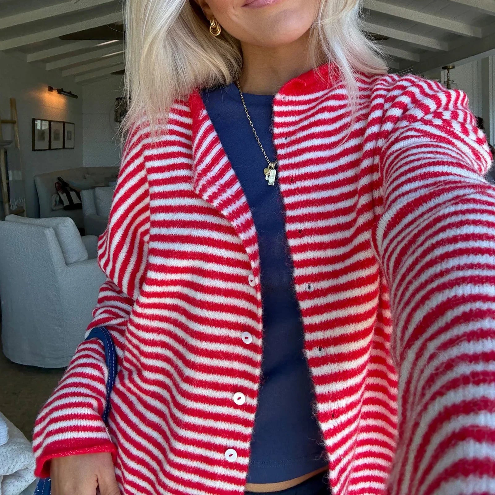 Women's Striped Round Neck Cardigan – Button Front Long Sleeve Knit Sweater