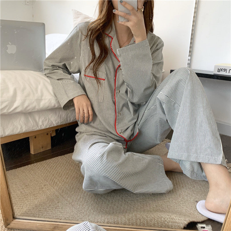 Women's Striped Two Piece Pajama Set – Notch Collar Button Front Nightwear