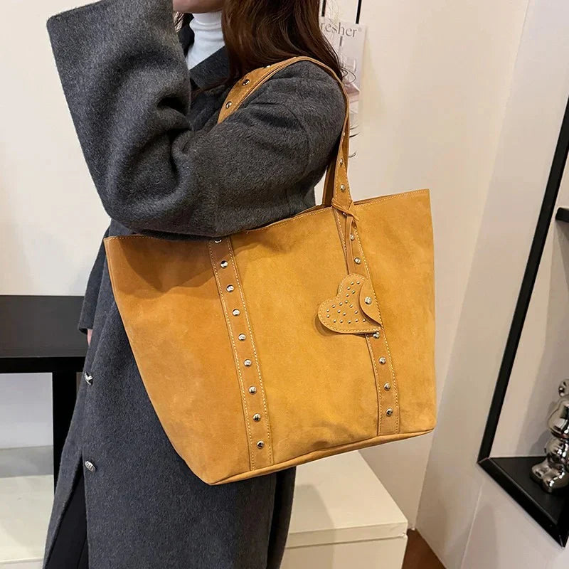Women's Stud Detail Shoulder Tote Bag – Heart Patch Open Top Casual