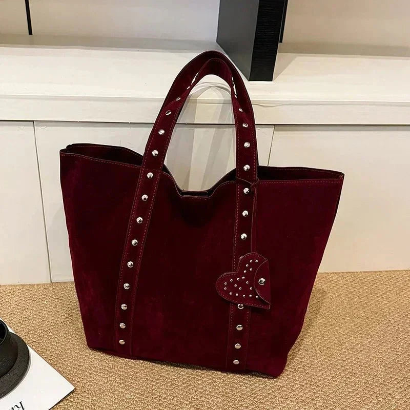 Women's Stud Detail Shoulder Tote Bag – Heart Patch Open Top Casual