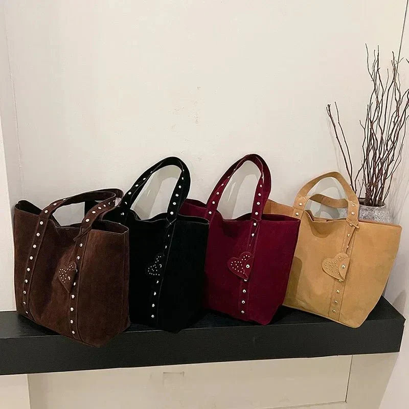 Women's Stud Detail Shoulder Tote Bag – Heart Patch Open Top Casual