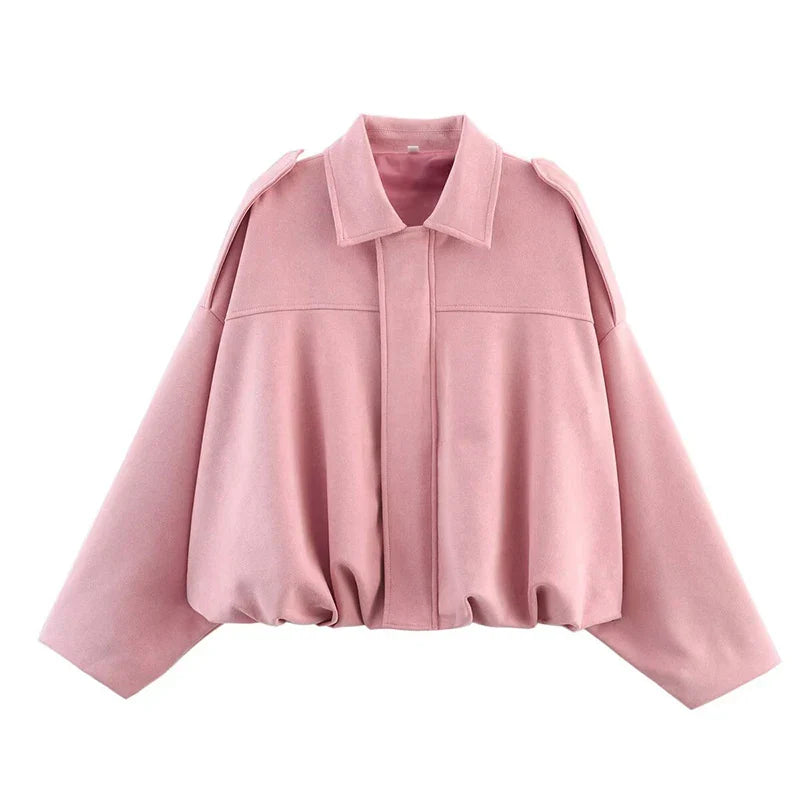 Women's Suede Cropped Bomber Jacket – Zip Front Point Collar Oversized