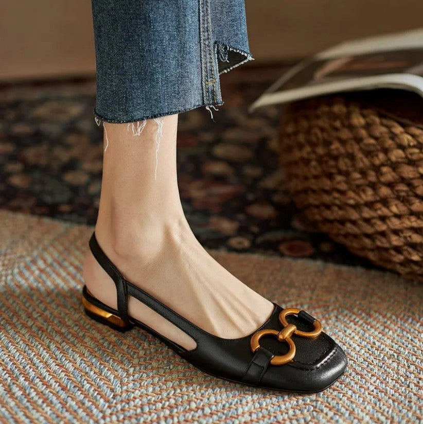 Women's Suede Slingback Loafer Heels – Round Toe Gold Horsebit Block Heel
