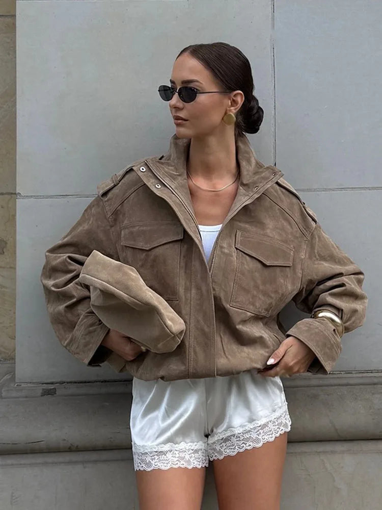 Women's Suede Utility Jacket – Stand Collar Zip Front Cargo Pocket