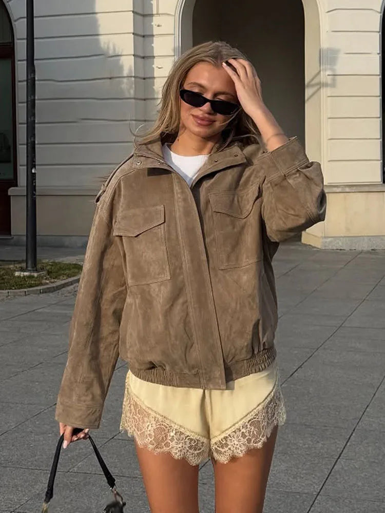 Women's Suede Utility Jacket – Stand Collar Zip Front Cargo Pocket
