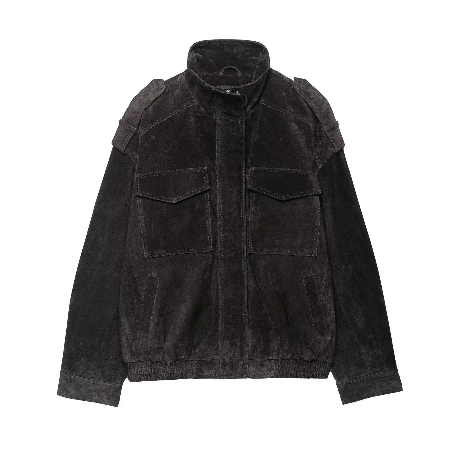 Women's Suede Utility Jacket – Stand Collar Zip Front Cargo Pocket