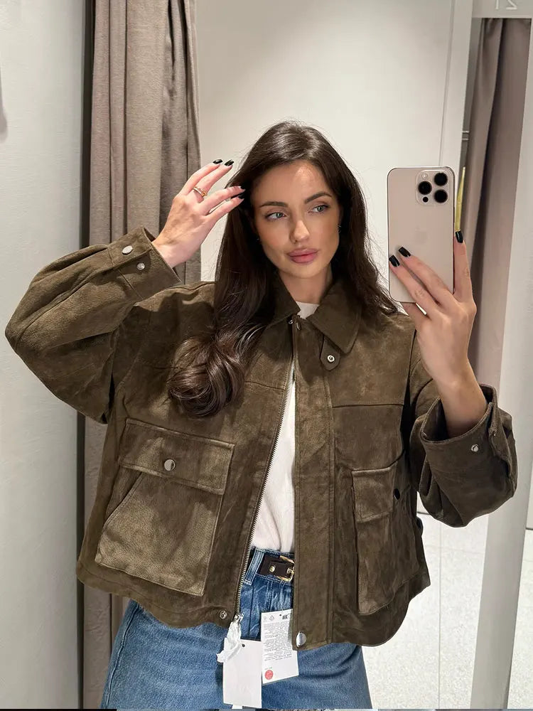 Women's Suede Utility Jacket – Zip Front Turn Down Collar Flap Pocket Casual