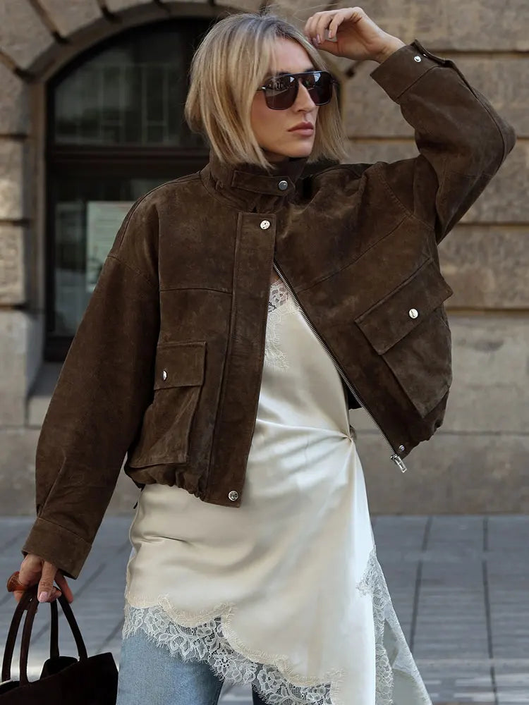 Women's Suede Utility Jacket – Zip Front Turn Down Collar Flap Pocket Casual