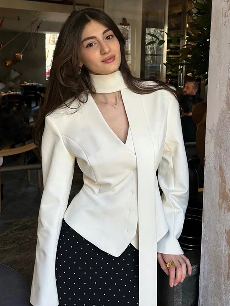 Women's Tailored V-Neck Blazer – Tie Front Long Sleeve Work Office Jacket