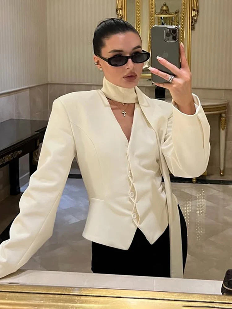 Women's Tailored V-Neck Blazer – Tie Front Long Sleeve Work Office Jacket