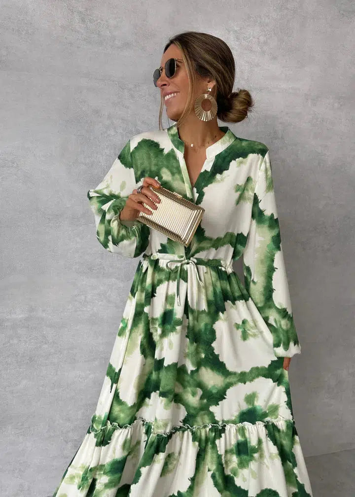 Women's Tie Dye Maxi Dress – V Neck Long Sleeve Belted Tiered Wedding Guest