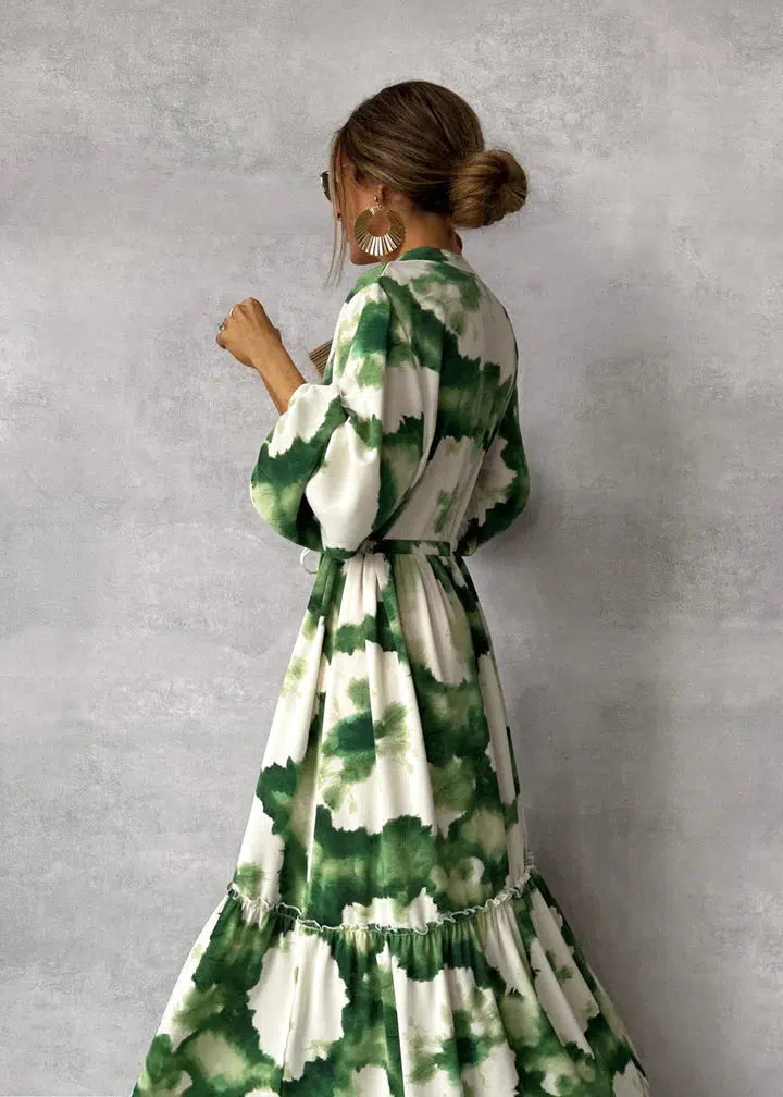 Women's Tie Dye Maxi Dress – V Neck Long Sleeve Belted Tiered Wedding Guest