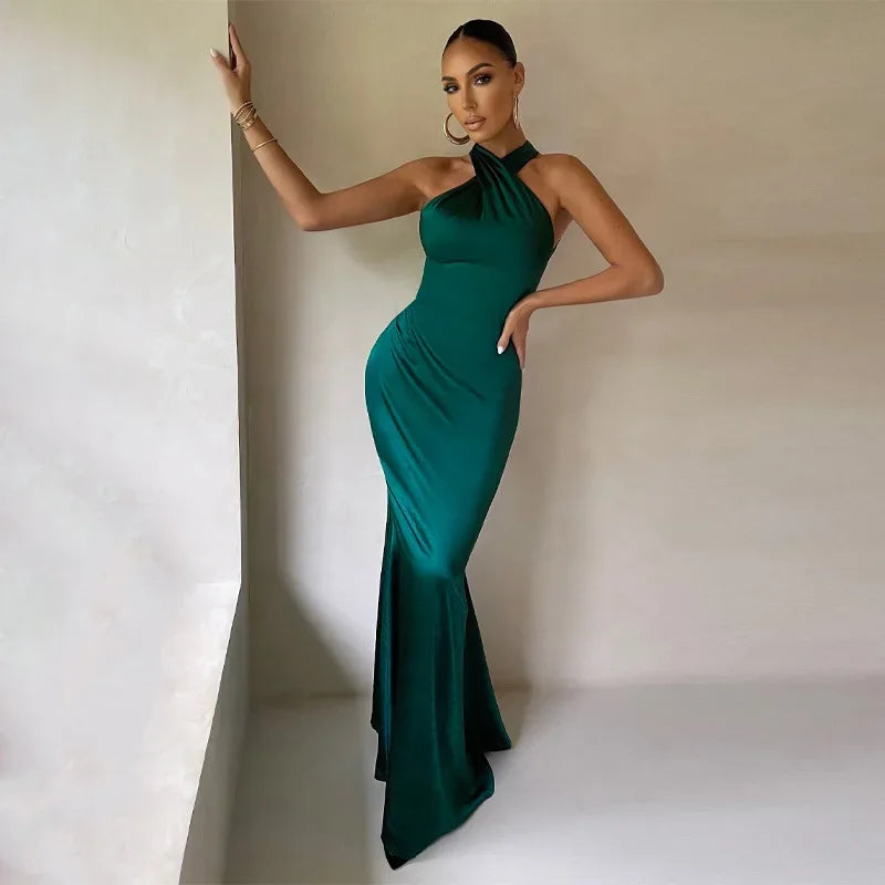 Women's Twist Neck Maxi – Sleeveless Open Back Mermaid Wedding Guest Dress