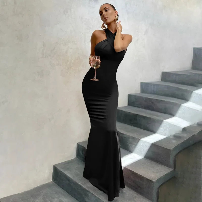 Women's Twist Neck Maxi – Sleeveless Open Back Mermaid Wedding Guest Dress