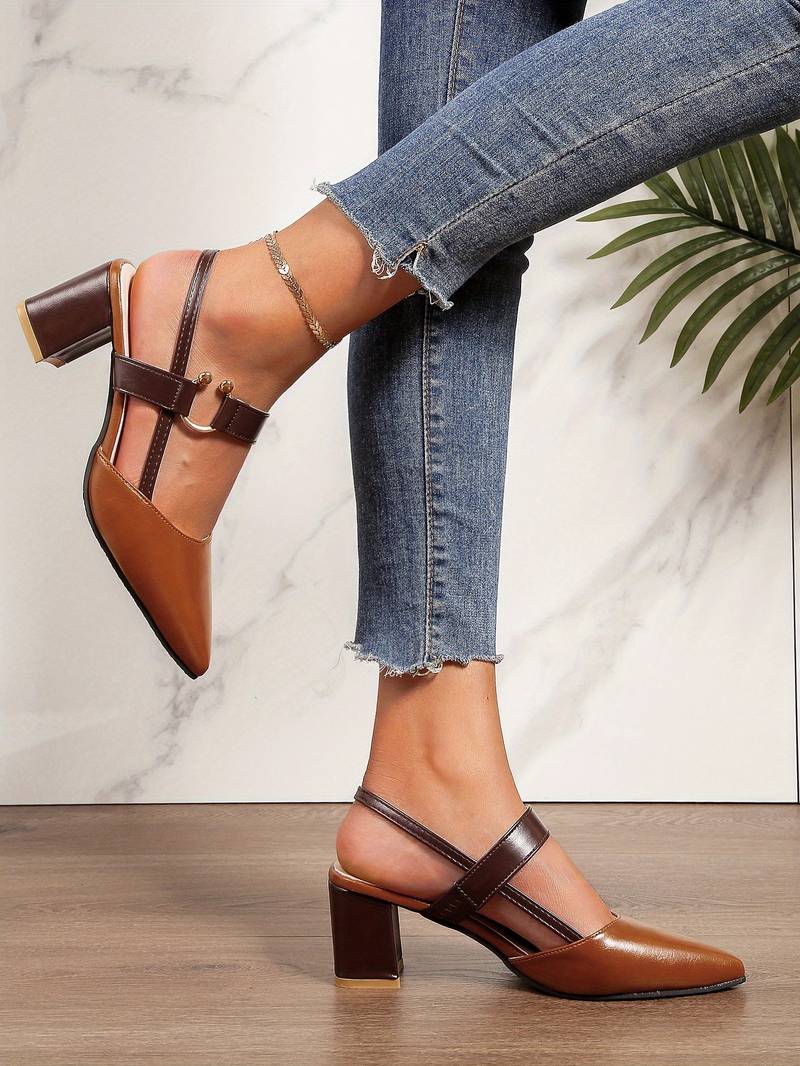 Women's Two-Tone Pointed Toe Slingback Pumps – Block Heel Ring Strap Office