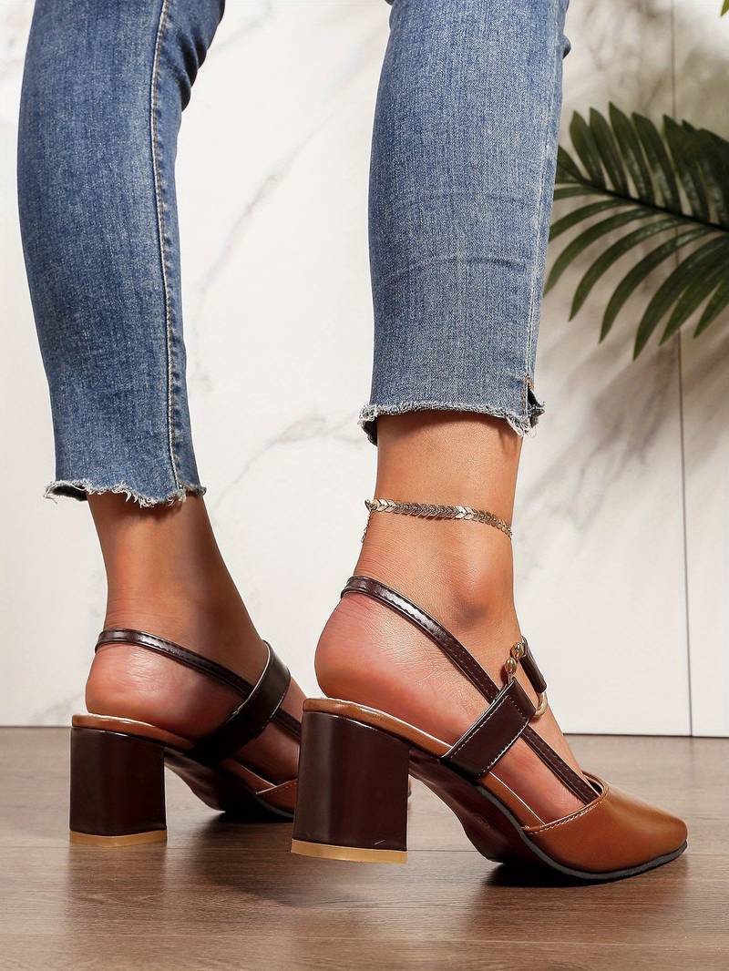 Women's Two-Tone Pointed Toe Slingback Pumps – Block Heel Ring Strap Office
