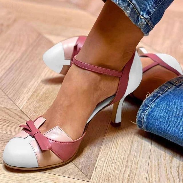 Women's Two-Tone Round Toe Heels – Bow Ankle Strap Buckle Wedding Party