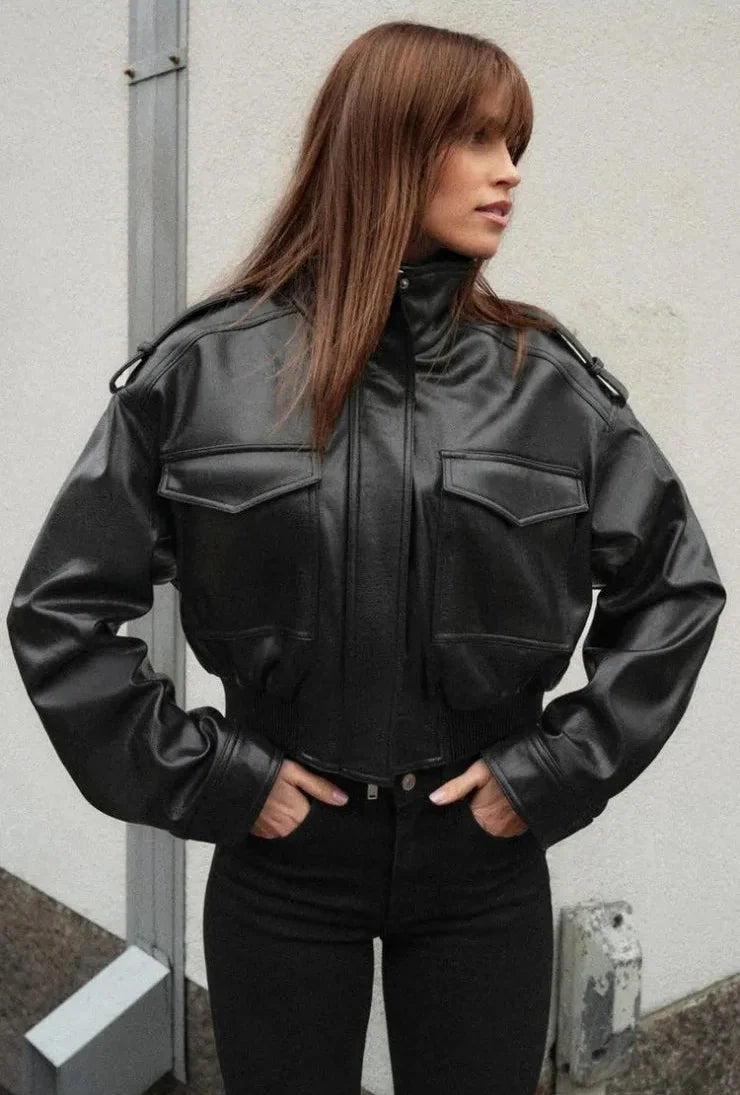 Women's Utility Cropped Jacket – Zip Front Patch Pocket Oversized Streetwear