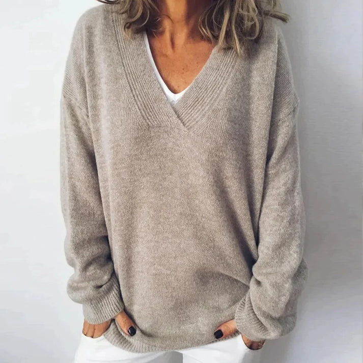 Women's V-Neck Drop Shoulder Sweater – Long Sleeve Knit Smart Casual
