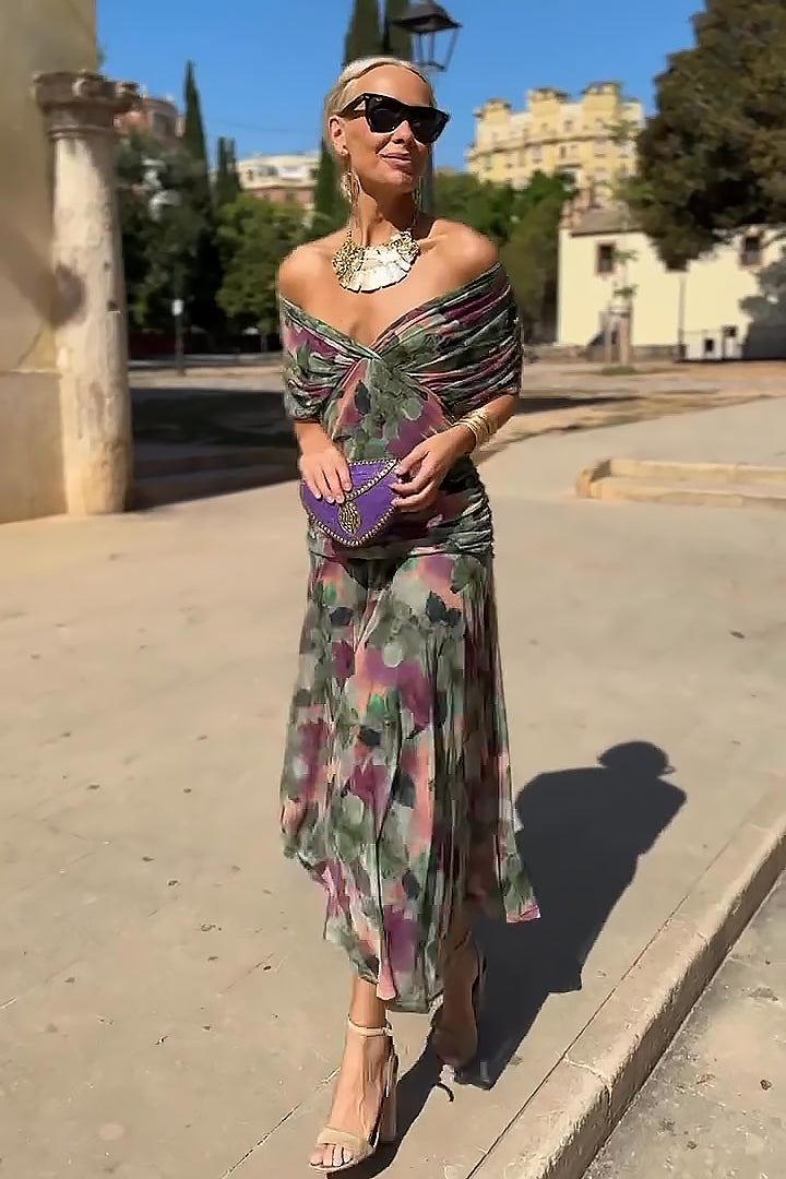 Women's V Neck Maxi Dress – Sheer Sleeve Ruched Waist Wedding Guest