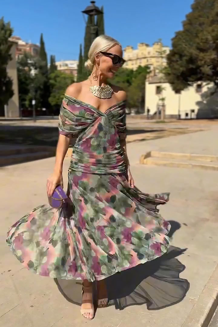 Women's V Neck Maxi Dress – Sheer Sleeve Ruched Waist Wedding Guest