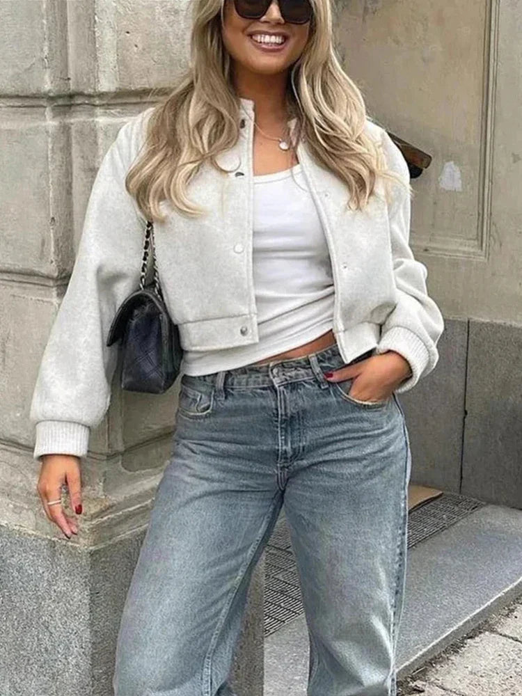 Women's Varsity Cropped Bomber Jacket – Snap Button Front Ribbed Trim