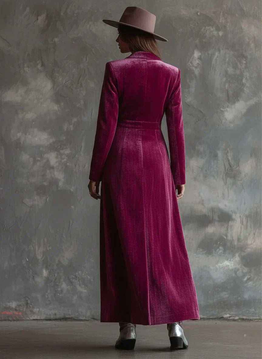 Women's Velvet Maxi Dress – Double Breasted Lapel Collar Wedding Guest