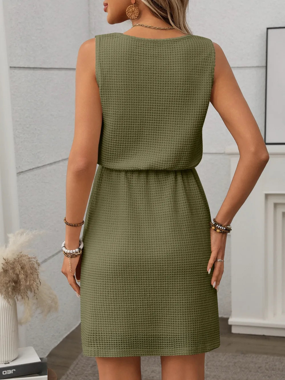 Women's Waffle Knit Mini Dress – Sleeveless Scoop Neck Drawstring Waist
