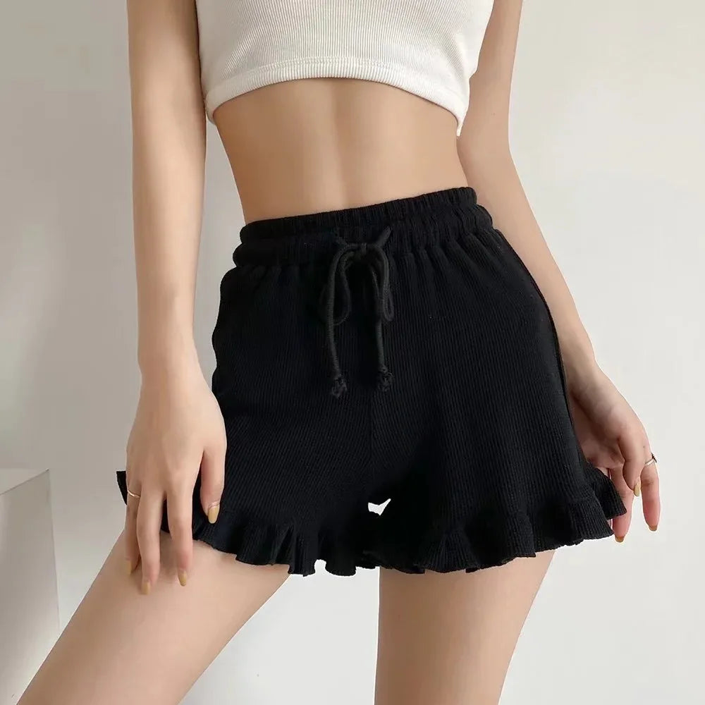 Women's Waffle Knit Shorts – Drawstring Pull On Ruffle Hem Lounge Casual