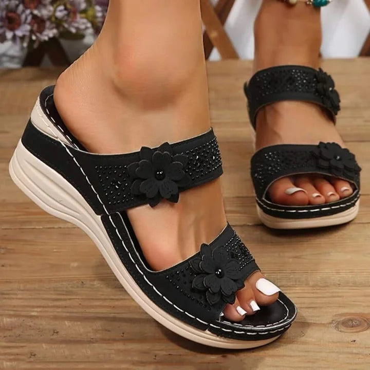 Women's Wedge Slide Sandals – Floral Embellished Double Strap Open Toe Summer