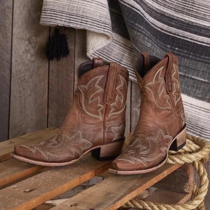 Women's Western Embroidered Cowgirl Boots – Snip Toe Block Heel Mid Calf