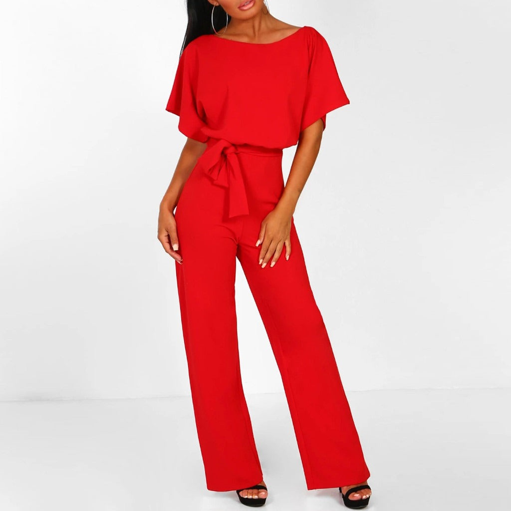 Women's Wide Leg Belted Jumpsuit – Bateau Neck Batwing Sleeve Smart Casual