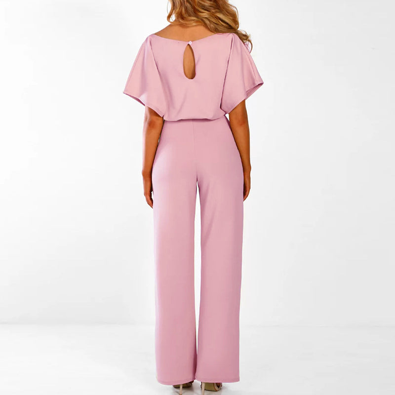 Women's Wide Leg Belted Jumpsuit – Bateau Neck Batwing Sleeve Smart Casual