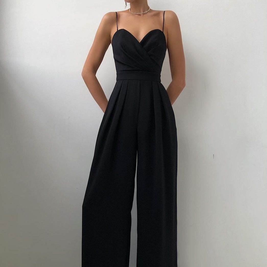 Women's Wide Leg Spaghetti Strap Jumpsuit – Wrap V Neck Pleated Wedding Guest