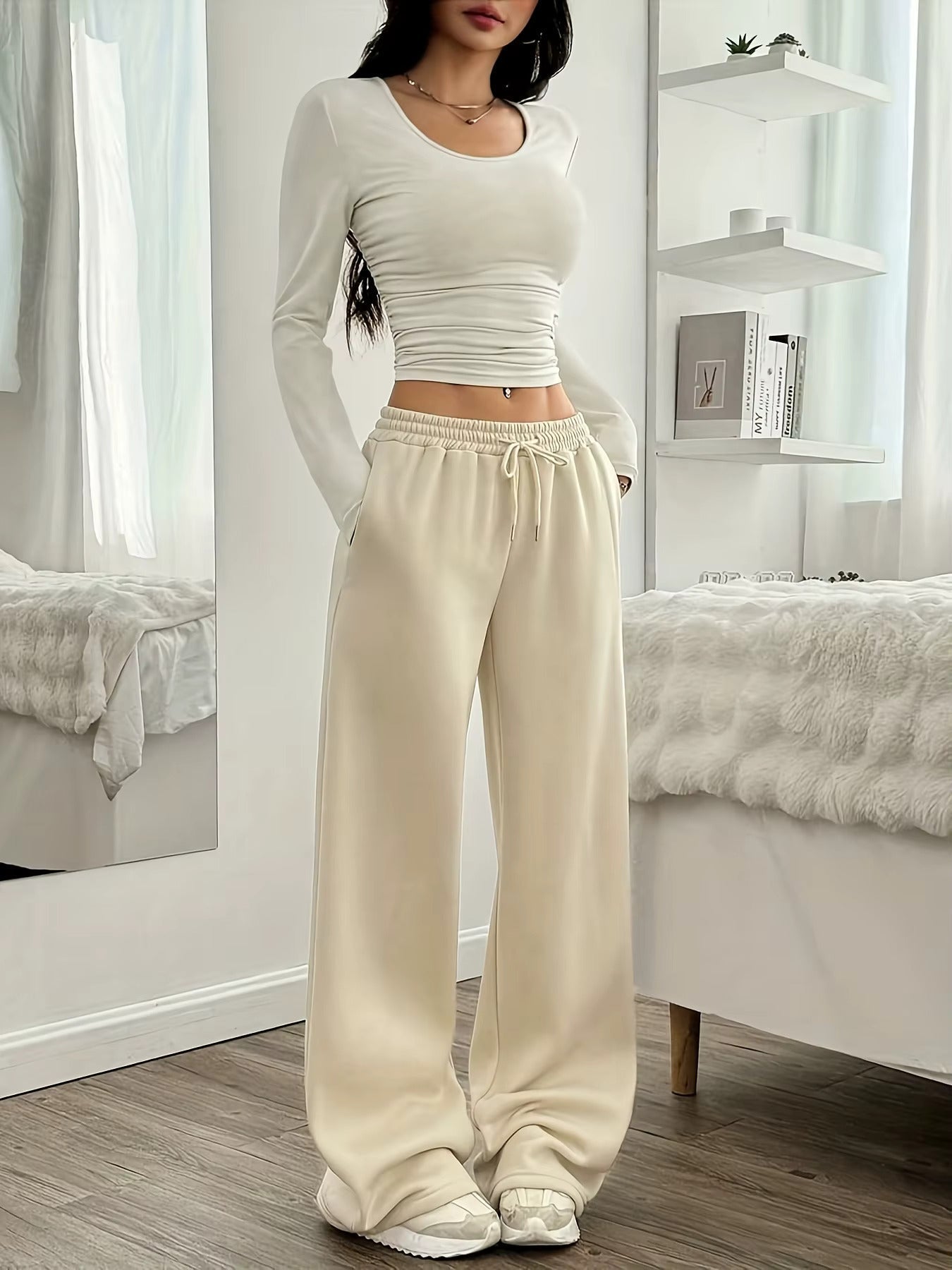 Women's Wide Leg Sweatpants – Low Rise Drawstring Open Hem Lounge Casual
