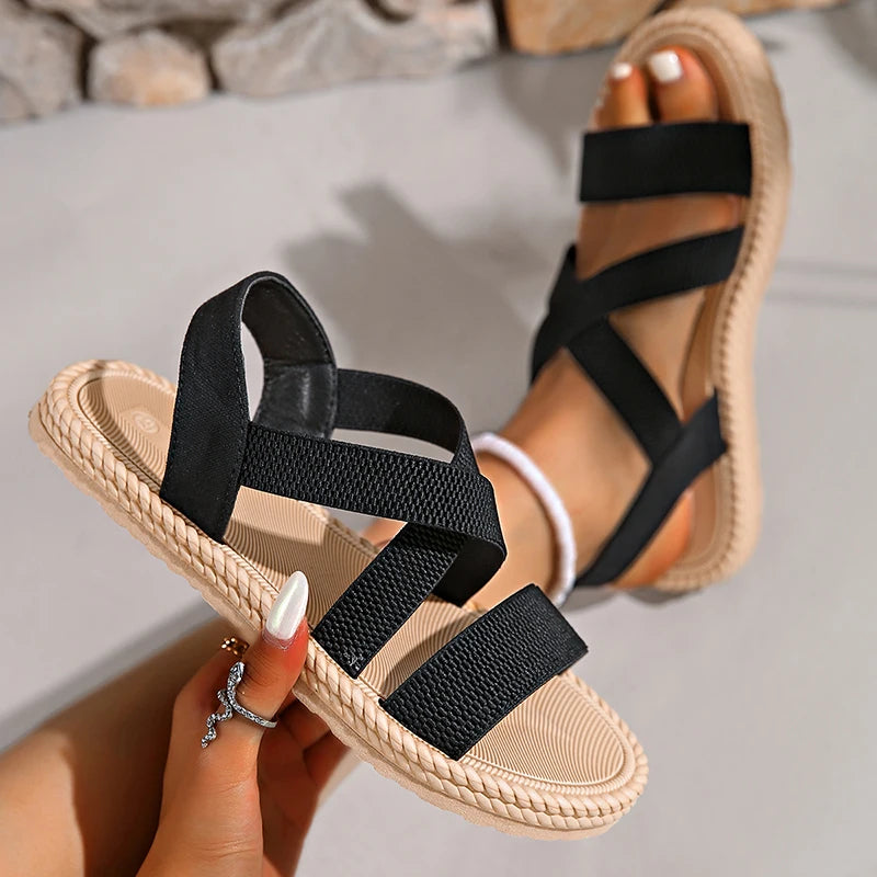 Women's Woven Cross Strap Sandals – Open Toe Rope Edge Platform Summer