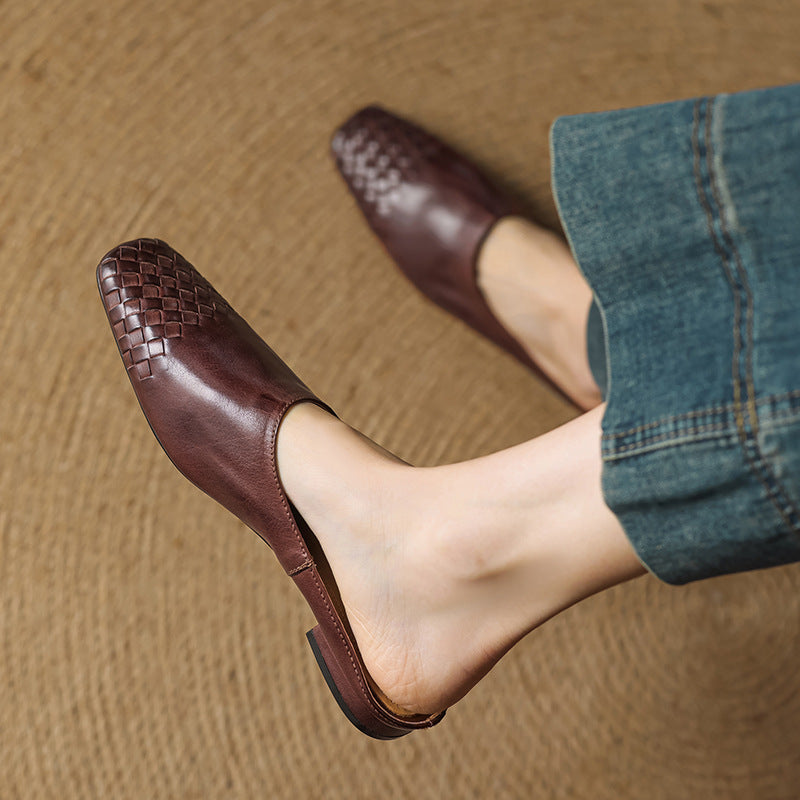 Women's Woven Square Toe Mule Shoes – Flat Block Heel Slip On Casual