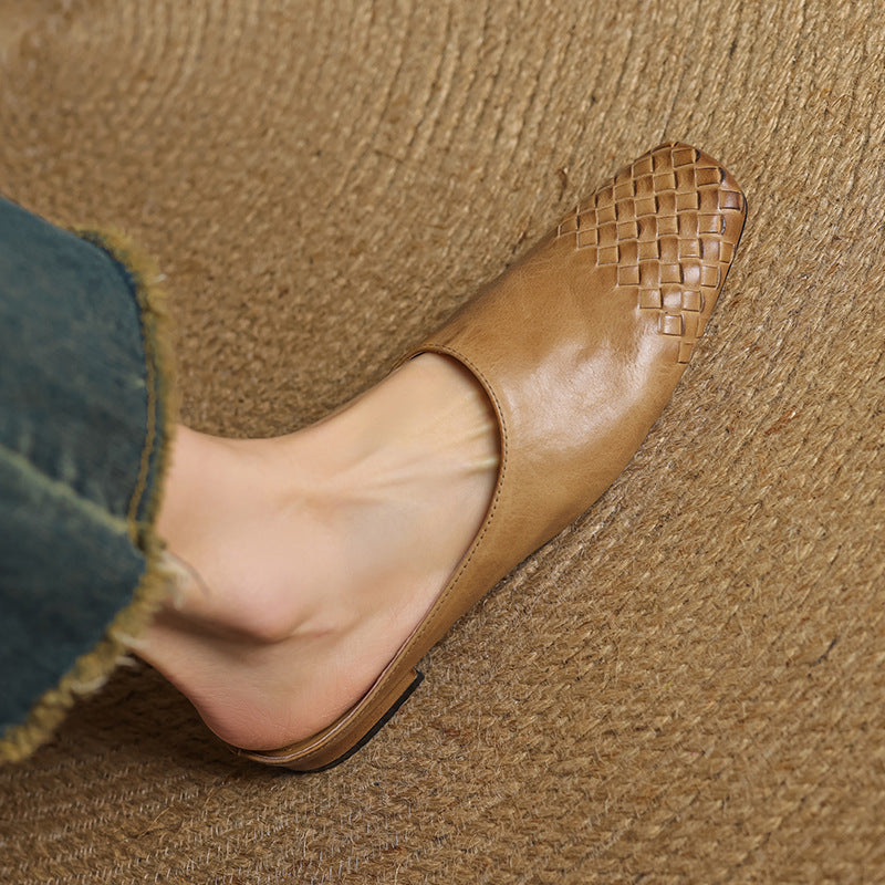 Women's Woven Square Toe Mule Shoes – Flat Block Heel Slip On Casual
