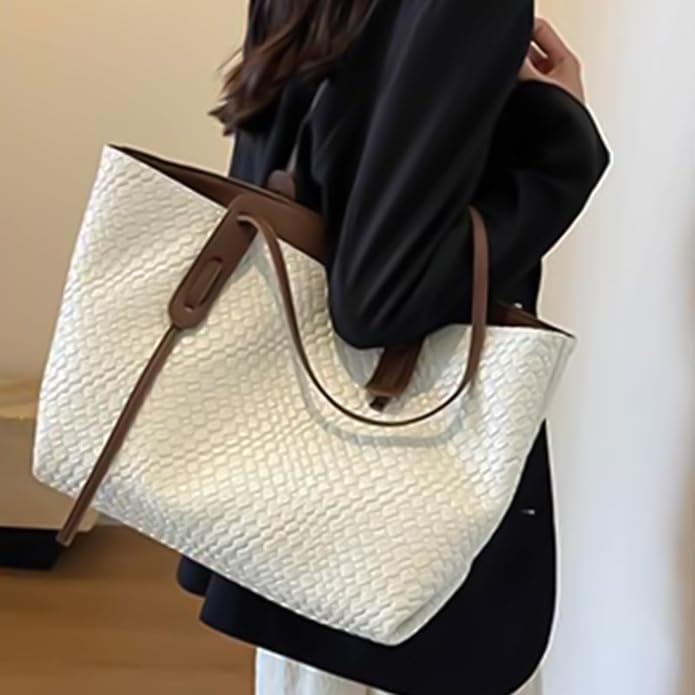 Women's Woven Texture Large Tote Bag – Basket Weave Double Strap Everyday Work