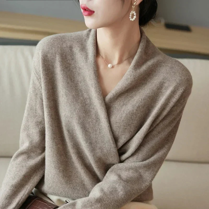 Women's Wrap Front V Neck Knit Sweater – Long Sleeve Crossover Smart Casual