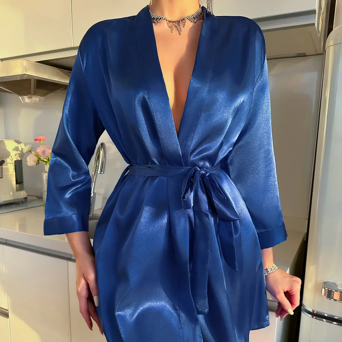 Women's Wrap Kimono Robe – V Neck Self-Tie Belt Long Sleeve Nightwear