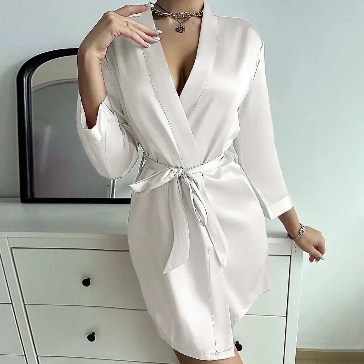 Women's Wrap Kimono Robe – V Neck Self-Tie Belt Long Sleeve Nightwear