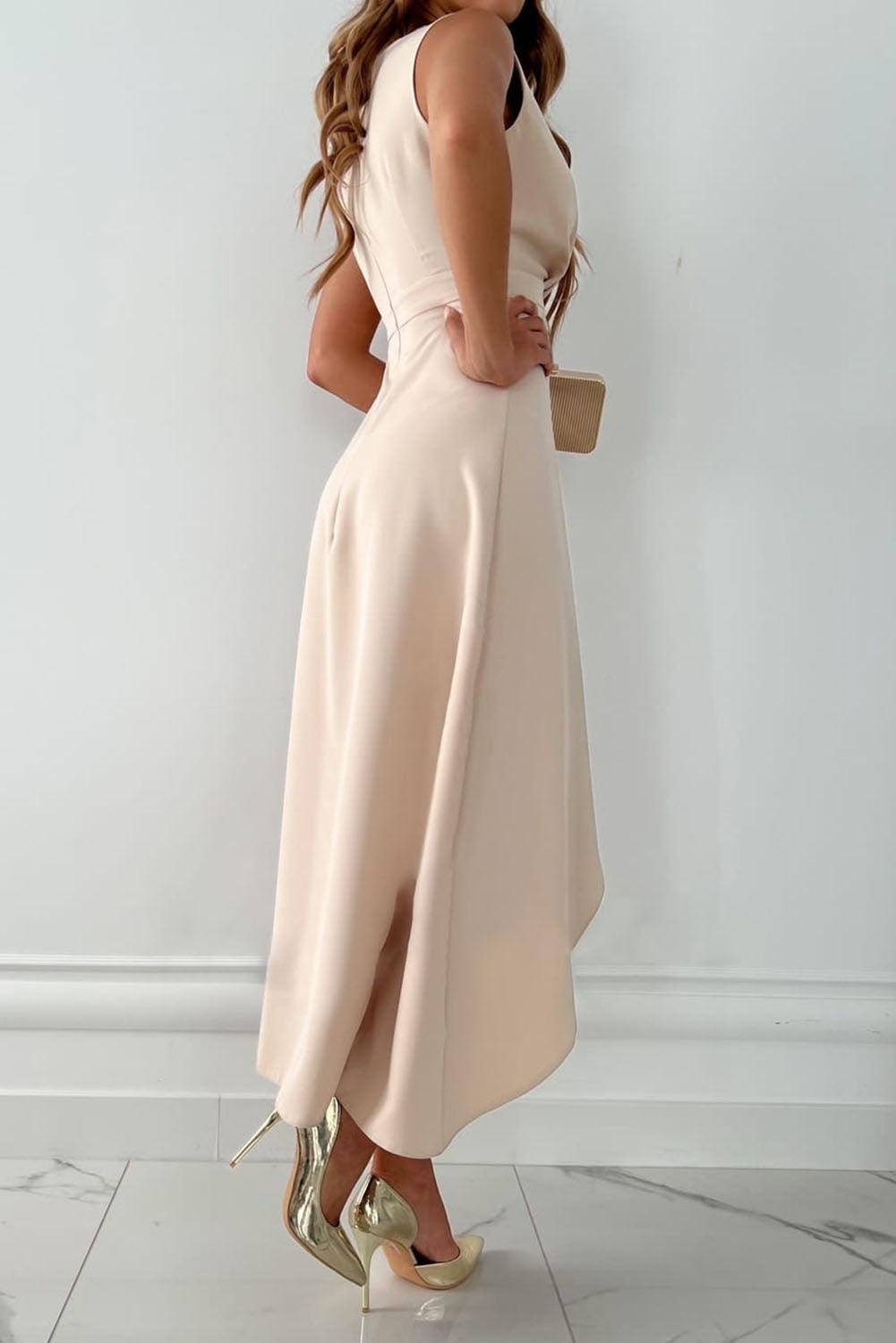 Women's Wrap Midi Dress – Sleeveless V Neck Asymmetric Ruffle Wedding Guest