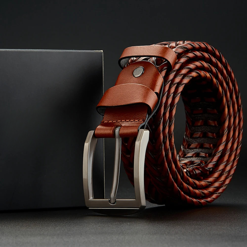 Men's Braided Belt – Rectangular Pin Buckle Woven Strap Smart Casual